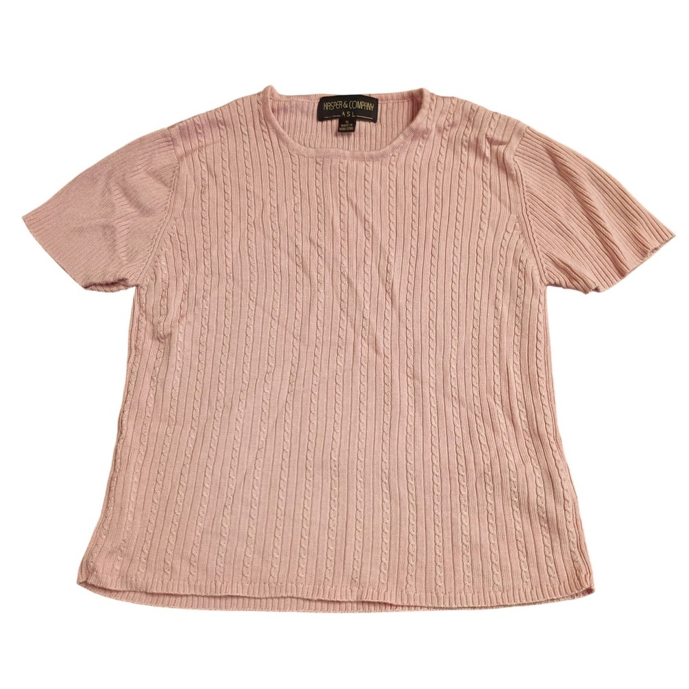 Kasper & Company ASL Knit Top Womens Small Pink Cable Ribbed Short Sleeve